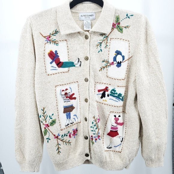 VTG Embroidered Ice Skating Polo Neck Button Cardigan Sweater PL Cotton/… - Picture 1 of 16